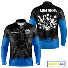 Load image into Gallery viewer, Black and Blue Funny Bowling Polo, Quarter Zip Shirt for Men Custom Bowling Team Jersey NQS9982