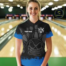 Load image into Gallery viewer, Black and Blue Funny Bowling Polo, Quarter Zip Shirt for Women Custom Bowling Team Jersey NQS9982