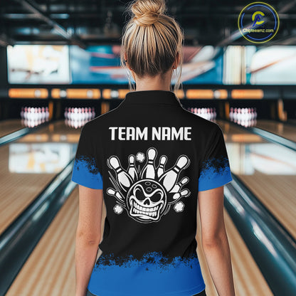 Black and Blue Funny Bowling Polo, Quarter Zip Shirt for Women Custom Bowling Team Jersey NQS9982