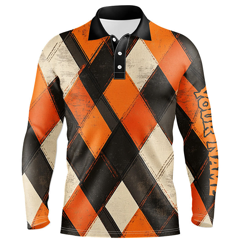 Orange argyle pattern Men golf polo shirts custom Halloween golf shirts for men NQS8291