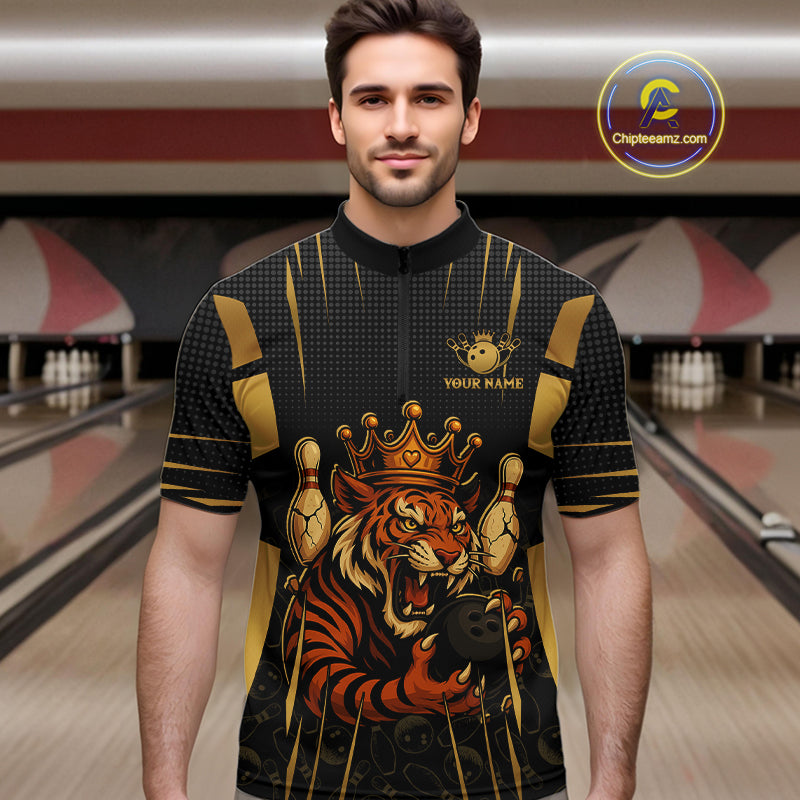 Personalized Black and Gold Tiger Bowling Shirt For Mens Custom Team bowling jerseys, gift for Bowler NQS10474