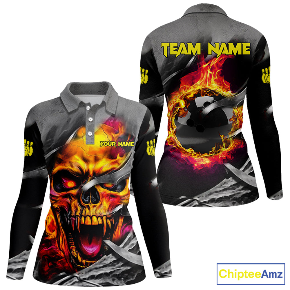 Flame Skull Bowling Shirts For Women Custom Halloween Bowling Team Jerseys, bowling gift for her NQS8503