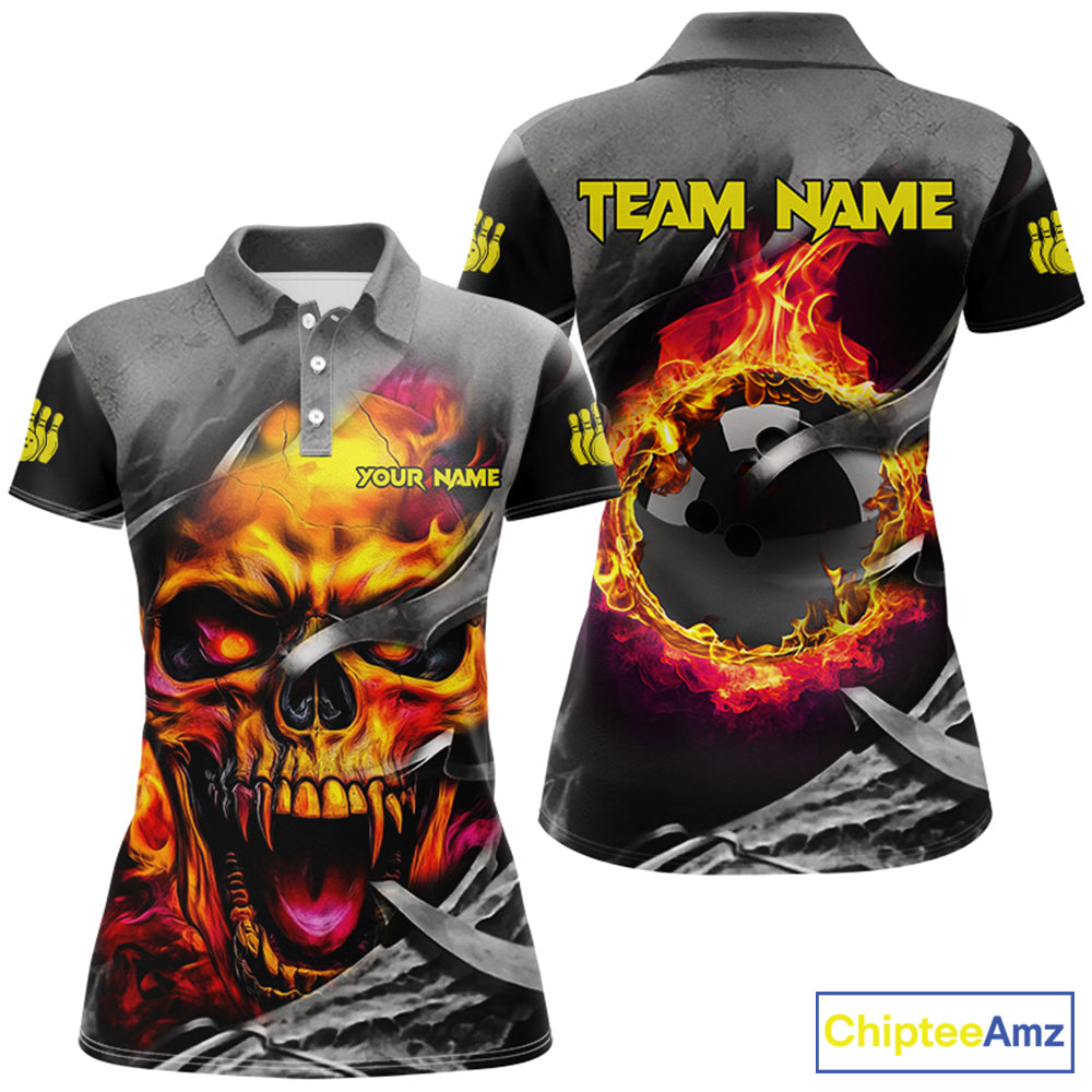 Flame Skull Bowling Shirts For Women Custom Halloween Bowling Team Jerseys, bowling gift for her NQS8503