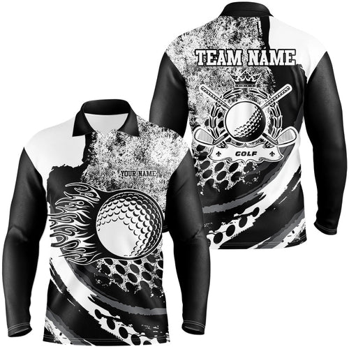 Black and White grunge Flame golf ball custom name Mens golf polo shirts, golf outfit for men NQS8506