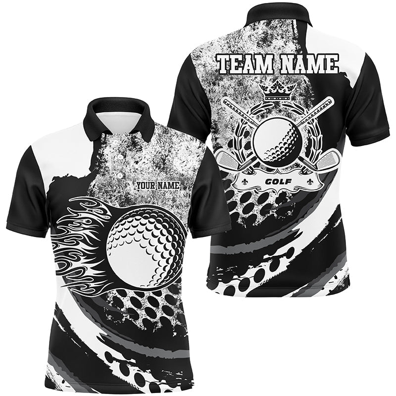 Black and White grunge Flame golf ball custom name Mens golf polo shirts, golf outfit for men NQS8506