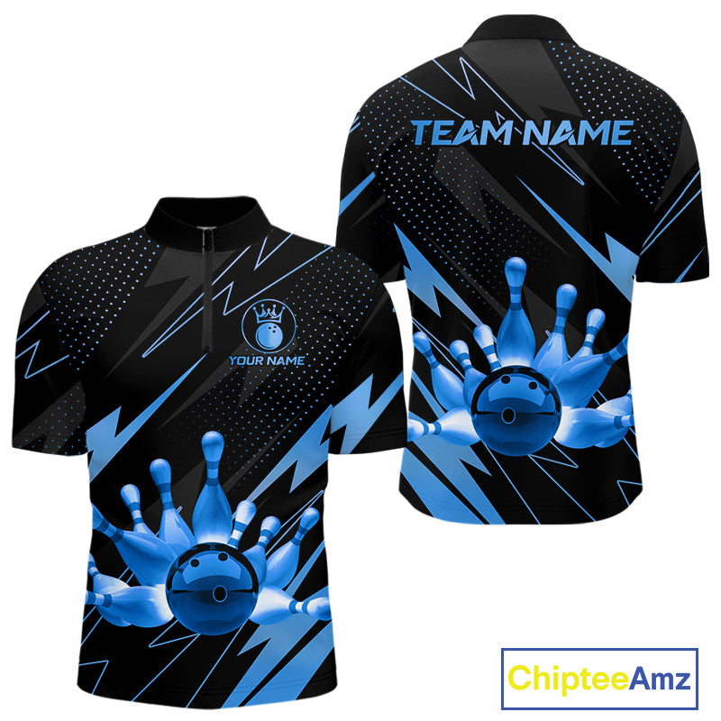 Custom Black and Blue Bowling Polo, Quarter Zip Shirts for Men, Team Bowling League Jersey NQS10892