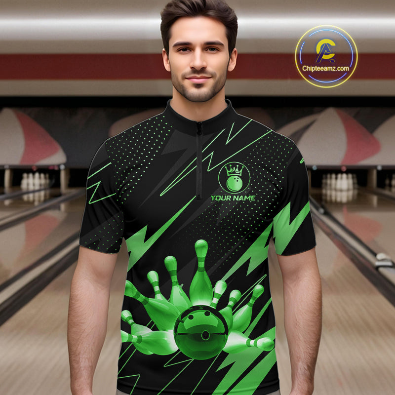 Custom Black and Green Bowling Polo, Quarter Zip Shirts for Men, Team Bowling League Jersey NQS10893