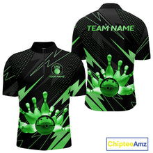 Load image into Gallery viewer, Custom Black and Green Bowling Polo, Quarter Zip Shirts for Men, Team Bowling League Jersey NQS10893