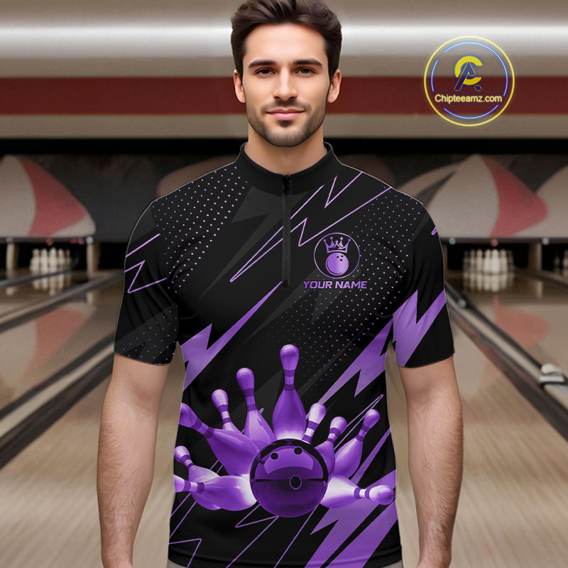 Custom Black and Purple Bowling Polo, Quarter Zip Shirts for Men, Team Bowling League Jersey NQS10894