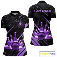 Load image into Gallery viewer, Custom Black and Purple Bowling Polo, Quarter Zip Shirts for Women, Team Bowling League Jersey NQS10894