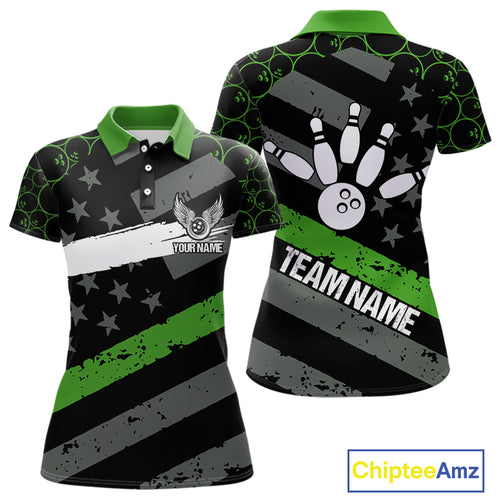 Black American flag Women bowling shirts Custom bowling camo Team Jerseys, gift for Bowlers | Green NQS10896