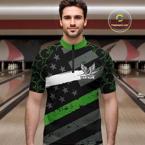 Black American flag Men bowling shirts Custom bowling camo Team Jerseys, gift for Bowlers | Green NQS10896