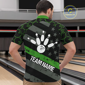 Black American flag Men bowling shirts Custom bowling camo Team Jerseys, gift for Bowlers | Green NQS10896