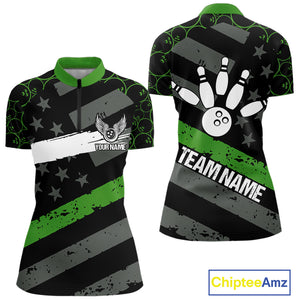 Black American flag Women bowling shirts Custom bowling camo Team Jerseys, gift for Bowlers | Green NQS10896