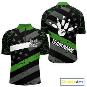 Black American flag Men bowling shirts Custom bowling camo Team Jerseys, gift for Bowlers | Green NQS10896