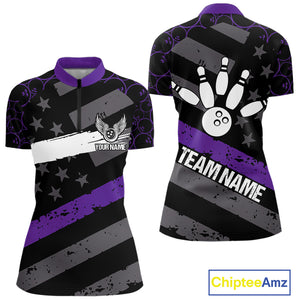 Black American flag Women bowling shirts Custom bowling camo Team Jerseys, gift for Bowlers | Purple NQS10897
