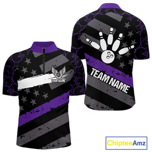 Black American flag Men bowling shirts Custom bowling camo Team Jerseys, gift for Bowlers | Purple NQS10897