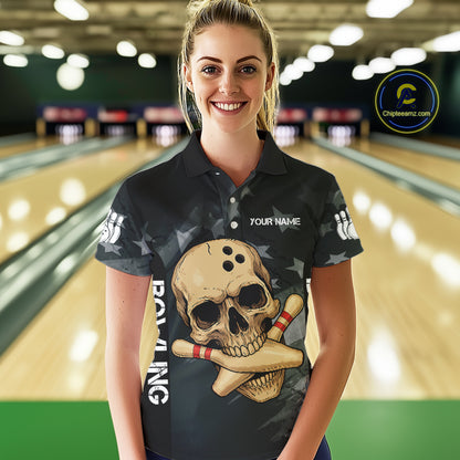 Personalized Black American Flag Skull Bowling Shirt For Women Custom Team's Name Skull Bowler Jersey NQS11082
