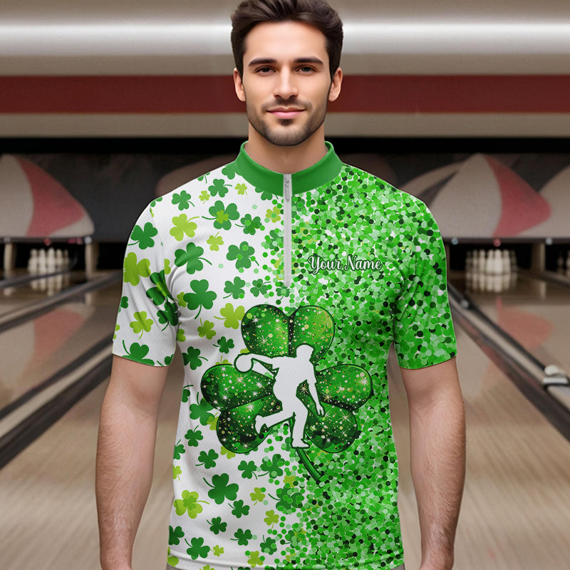 Green glitter shamrock clover Bowling shirts for Men custom St Patrick day Bowling Team Jerseys NQS9463