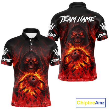 Black And Red Flame Skull Reaper Men's Bowling Shirts, Personalized bowling outfit men bowling jersey NQS11491