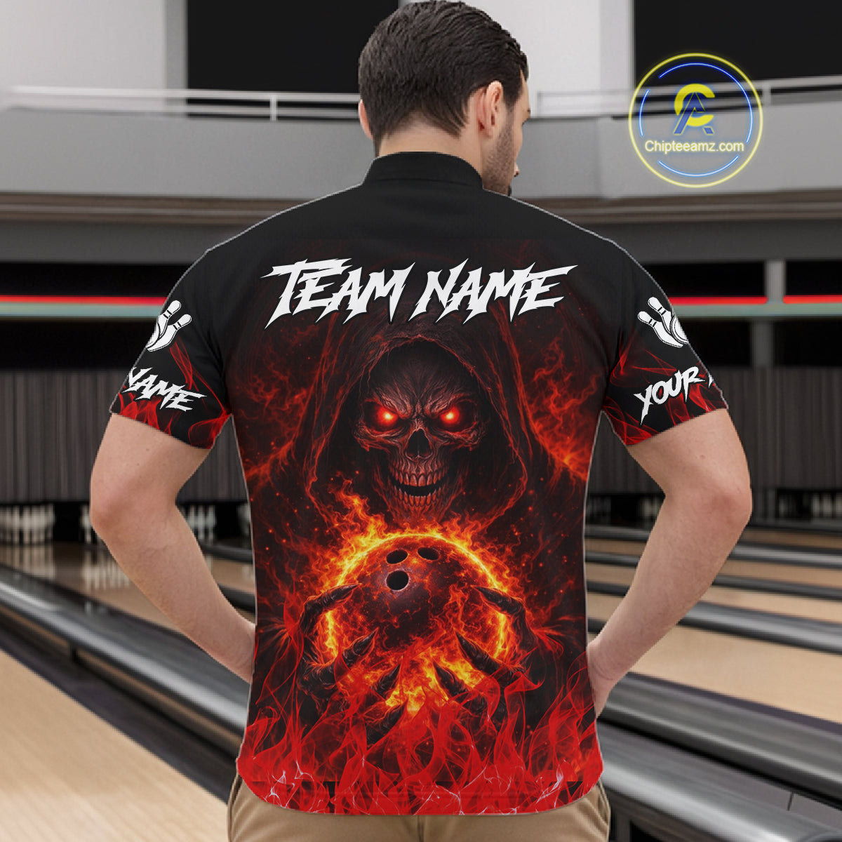 Black And Red Flame Skull Reaper Men's Bowling Shirts, Personalized bowling outfit men bowling jersey NQS11491