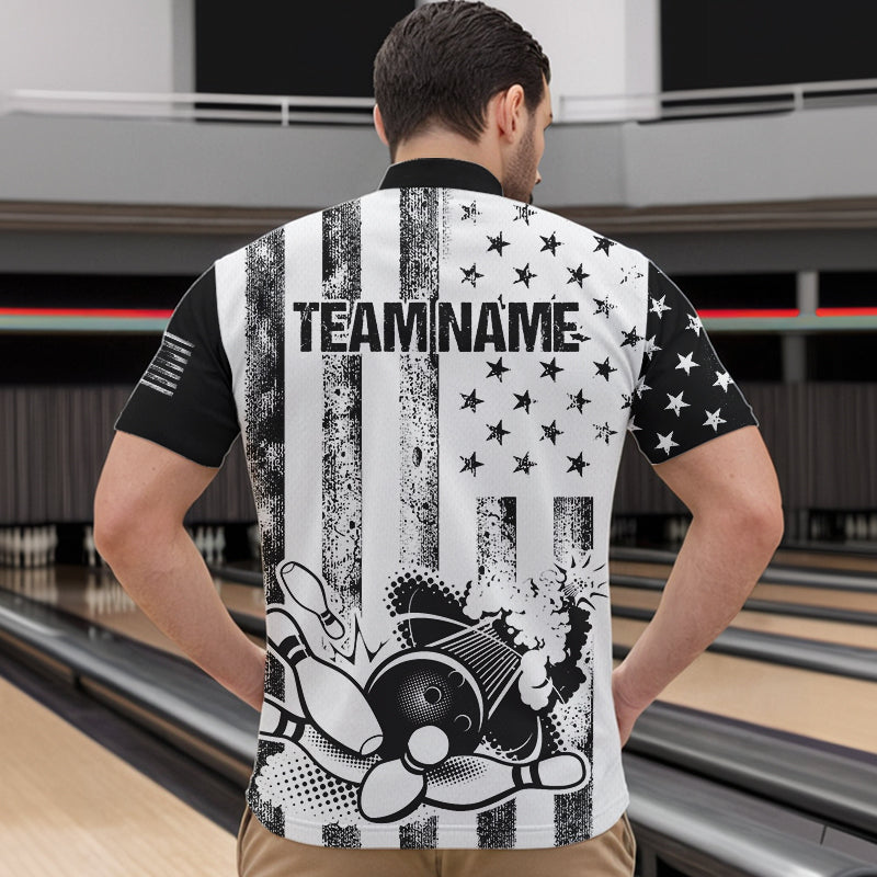 Personalized Black and White American Flag Retro Bowling shirts for Men, Patriotic Bowling Team Jersey NQS9567