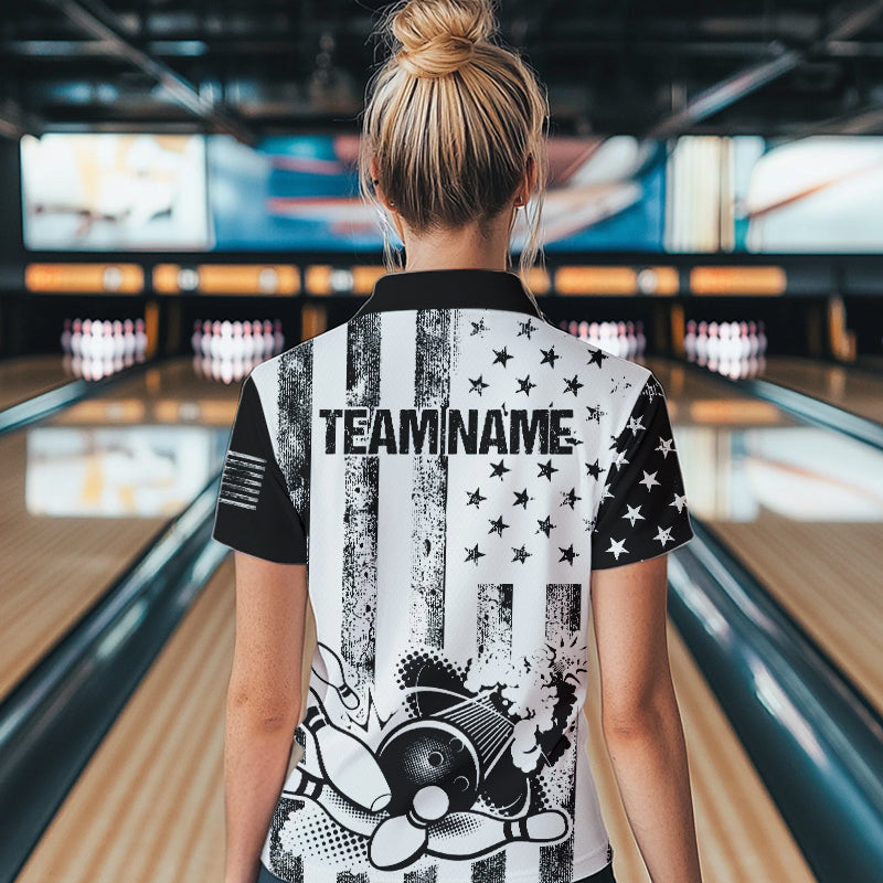 Personalized Black & White American Flag Retro Bowling shirt for Women, Patriotic Bowling Team Jersey NQS9567