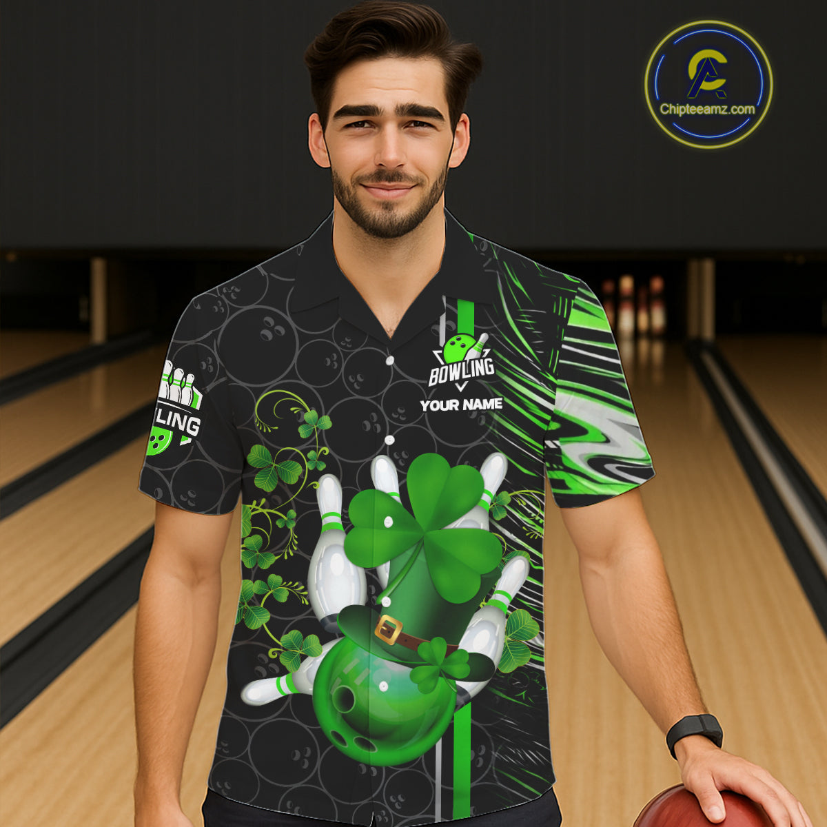Black and Green Camo Bowling Hawaiian shirt Custom St Patrick Shamrock Lucky Team bowling Jersey NQS11671