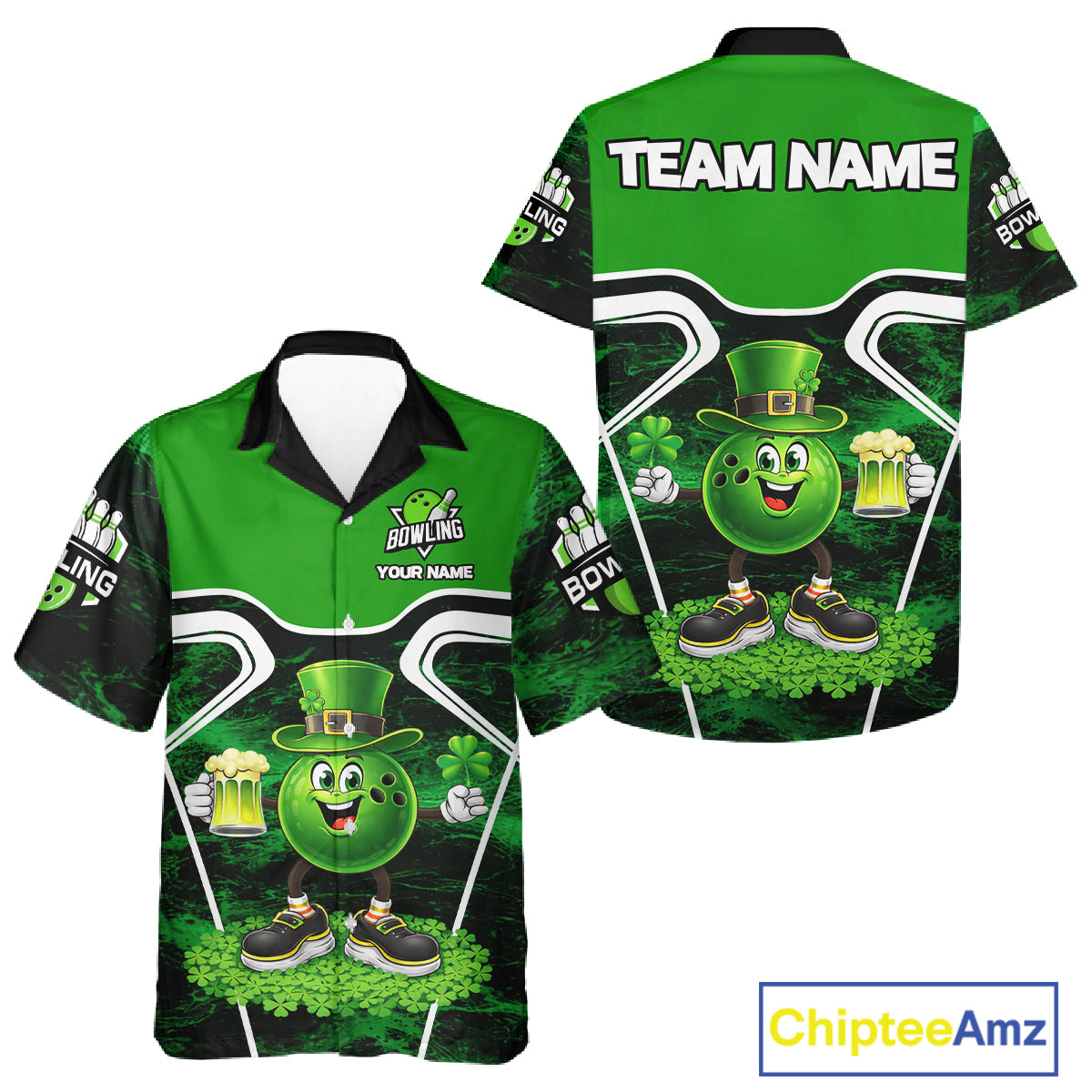 Funny Bowling and Beer Green Shamrock Bowling Hawaiian shirt Custom St Patrick Team bowling Jerseys NQS11672