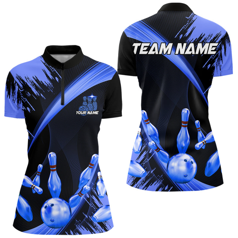 Personalized Black and Blue Bowling Polo, Quarter Zip Shirts For Women Custom Bowling Team Jersey NQS9723