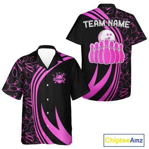 Black bowling Hawaiian shirt Custom Pink neon team league bowling button up shirt, gifts for bowlers NQS9984