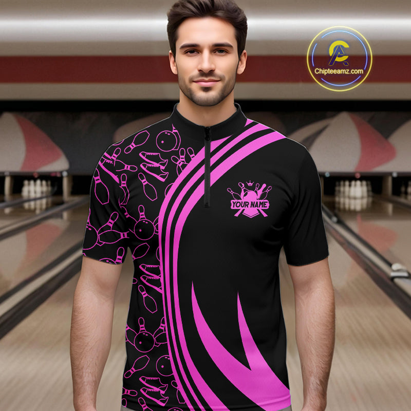Black Mens bowling shirts Custom Pink neon team league bowling jerseys, gifts for bowlers NQS9984