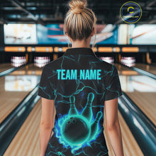 Load image into Gallery viewer, Cyan Blue Flame Bowling Polo, Quarter Zip shirts For Women custom bowling team jerseys Bowler Outfits NQS10153