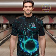 Load image into Gallery viewer, Cyan Blue Flame Bowling Polo, Quarter Zip shirts For Men custom bowling team jerseys Bowler Outfits NQS10153