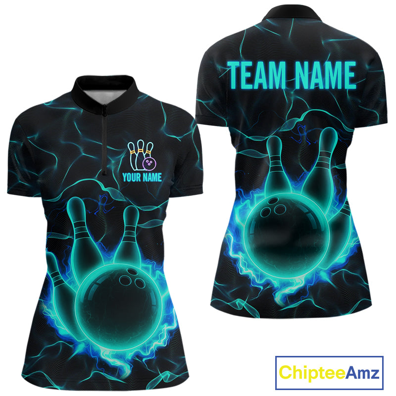 Cyan Blue Flame Bowling Polo, Quarter Zip shirts For Women custom bowling team jerseys Bowler Outfits NQS10153