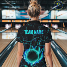 Load image into Gallery viewer, Cyan Blue Flame Bowling Polo, Quarter Zip shirts For Women custom bowling team jerseys Bowler Outfits NQS10153