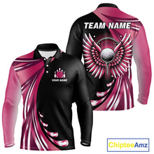 Load image into Gallery viewer, Black and Pink Bowling Ball and Pins wings Bowling Shirts for Men Custom Team Bowling Jerseys NQS10489