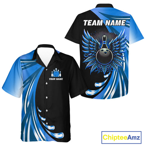 Black and Blue Bowling Ball and Pins wings Bowling Hawaiian Shirt Custom Team Bowling Button Up Shirt NQS10490