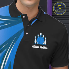 Load image into Gallery viewer, Black and Blue Bowling Ball and Pins wings Bowling Shirts for Men Custom Team Bowling Jerseys NQS10490
