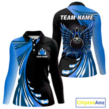 Load image into Gallery viewer, Black and Blue Bowling Ball and Pins wings Bowling Shirts for Women Custom Team Bowling Jerseys NQS10490
