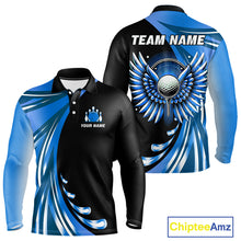 Load image into Gallery viewer, Black and Blue Bowling Ball and Pins wings Bowling Shirts for Men Custom Team Bowling Jerseys NQS10490