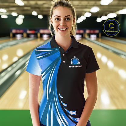 Black and Blue Bowling Ball and Pins wings Bowling Shirts for Women Custom Team Bowling Jerseys NQS10490