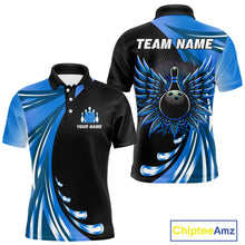 Load image into Gallery viewer, Black and Blue Bowling Ball and Pins wings Bowling Shirts for Men Custom Team Bowling Jerseys NQS10490