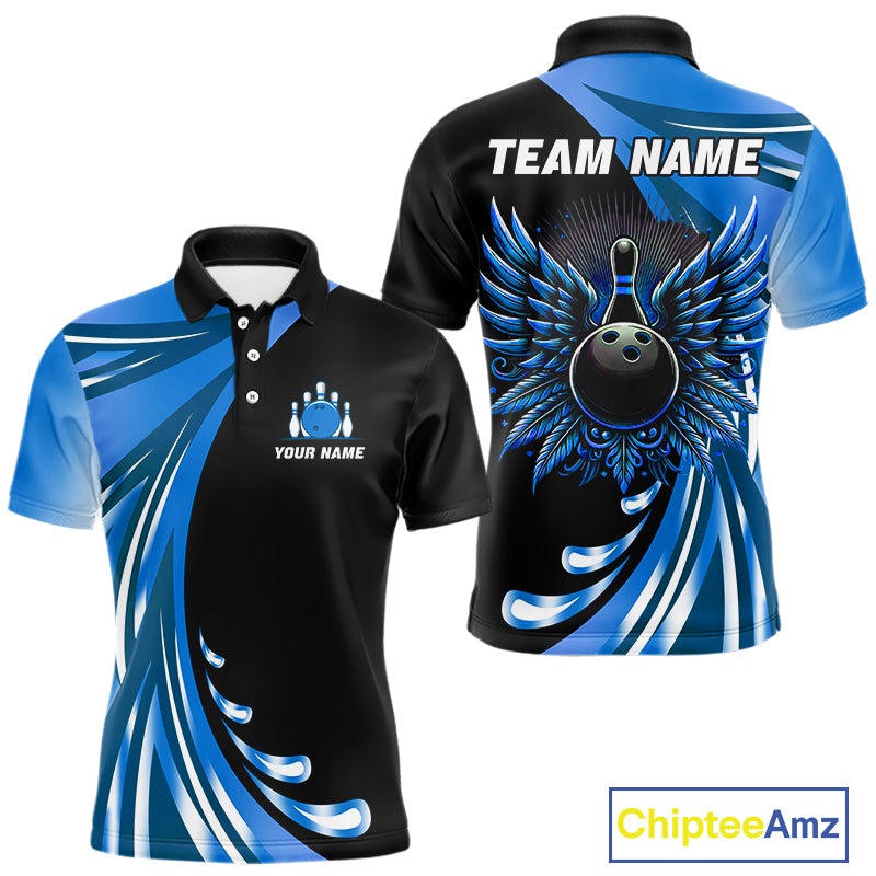 Black and Blue Bowling Ball and Pins wings Bowling Shirts for Men Custom Team Bowling Jerseys NQS10490