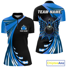 Load image into Gallery viewer, Black and Blue Bowling Ball and Pins wings Bowling Shirts for Women Custom Team Bowling Jerseys NQS10490