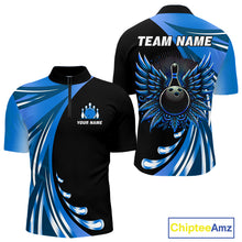 Load image into Gallery viewer, Black and Blue Bowling Ball and Pins wings Bowling Shirts for Men Custom Team Bowling Jerseys NQS10490