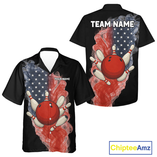 Custom Smoke American Flag Black Bowling Hawaiian Shirt Personalized Patriotic Team Bowling Jerseys NQS10496