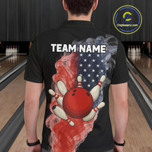 Load image into Gallery viewer, Custom Smoke American Flag Black Bowling Shirts for Men Personalized Patriotic Team Bowling Jerseys NQS10496