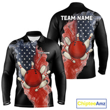 Load image into Gallery viewer, Custom Smoke American Flag Black Bowling Shirts for Men Personalized Patriotic Team Bowling Jerseys NQS10496
