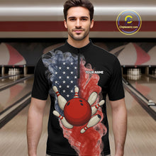 Load image into Gallery viewer, Custom Smoke American Flag Black Bowling Shirts for Men Personalized Patriotic Team Bowling Jerseys NQS10496